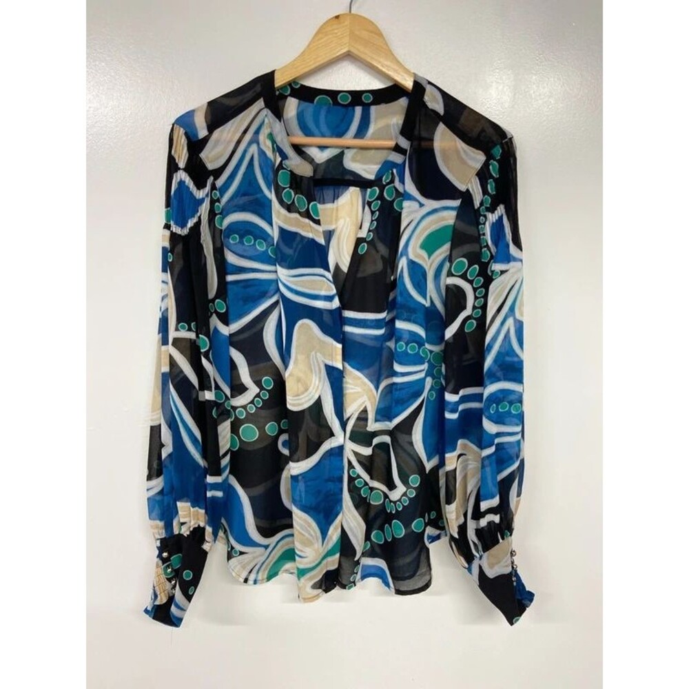 Blue Black Sheer Button Front Blouse